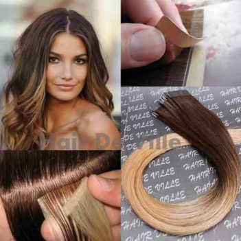 20" inches Ombre Tape weft Human Hair Extensions- Brown Mix Strawberry Blonde